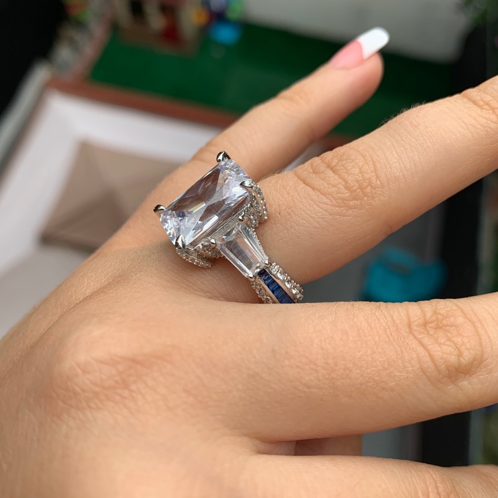 Italo Radiant Cut Unique Engagement Ring Eternity Ring 925 Sterling Silver - Picture 11 of 13